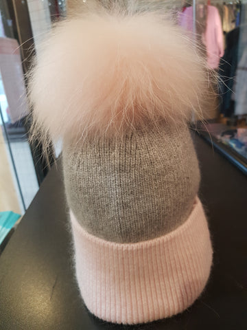 Grey and Pink PomPom hat with Real Fur