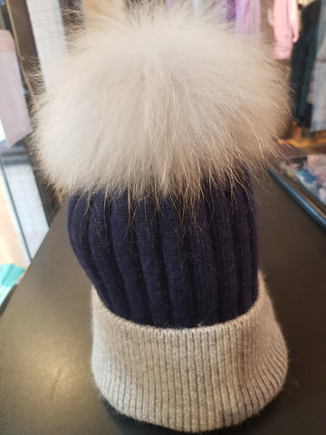Grey and navy Cashmere PomPom with real Fur