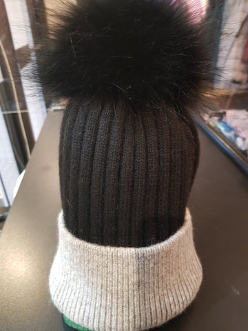 Grey and Black  Cashmere PomPom with real fur