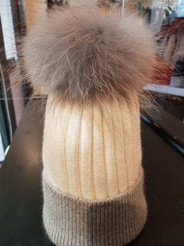 Grey and white Cashmere PomPom hat