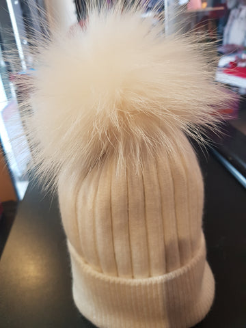 Kids Solid White Cashmere PomPom hat Real fur
