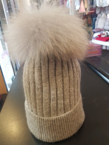 Solid Grey Cashmere PomPom hat with real fur