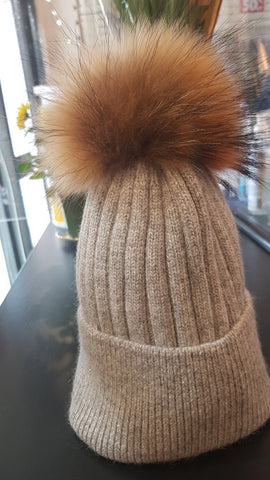 Grey hat with Natural Fur PomPom