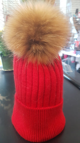 Red PomPom hat with Natural Fur