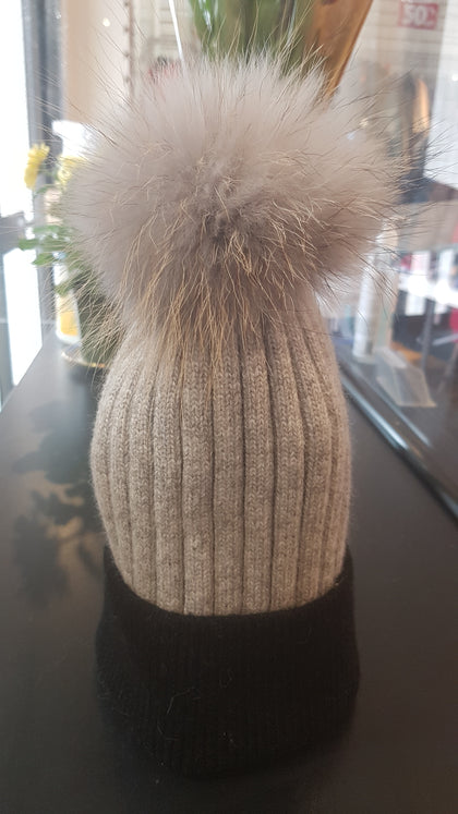Grey and Black PomPom hat with Real Fur