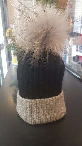 Grey and Black PomPom hat with real Fur