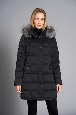 Black down coat with detachable hood & fur