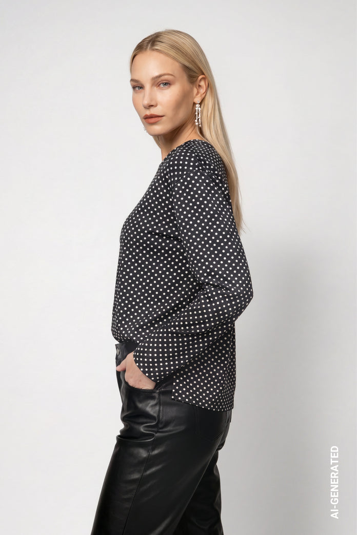 Long-sleeve shirt with polka dot pattern