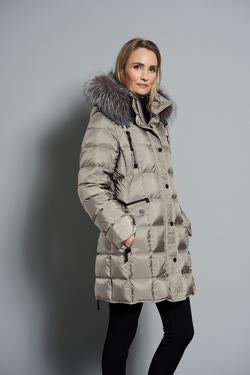 Light Grey Down Coat with Detachable Hood and fur