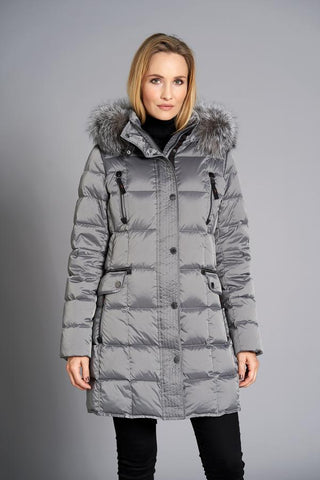 Grey Down Coat with Detachable Hood and Fur