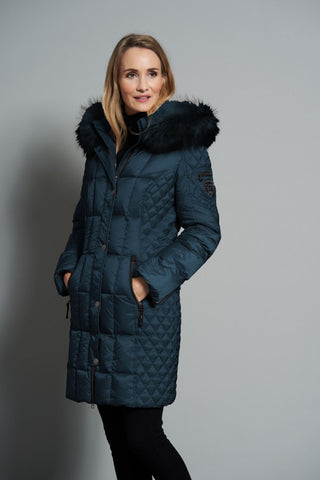 Navy QUILT DETAIL DOWN FILLED COAT DETACHABLE HOOD AND FUR-